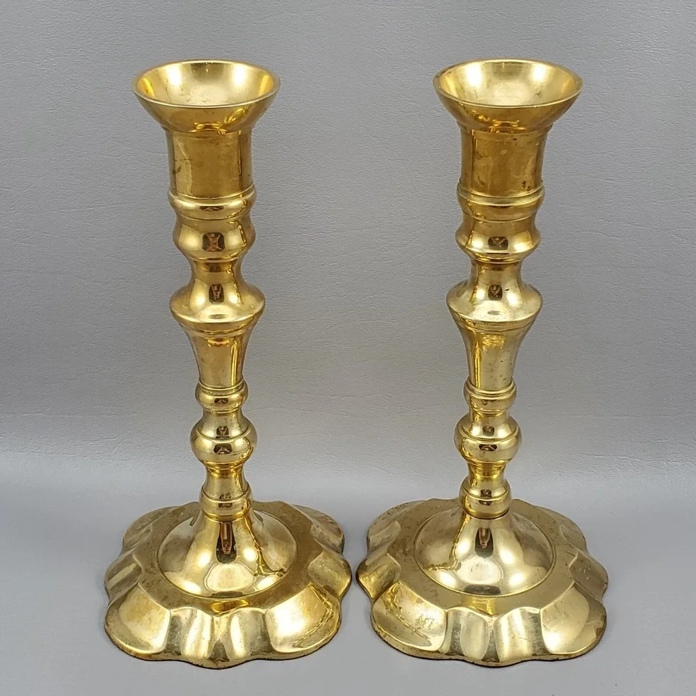 Brass Spindle Tapered Candlesticks Pair Scalloped Base MCM India 8